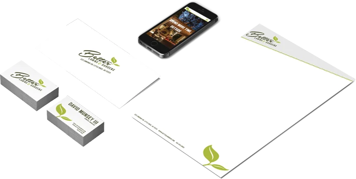 Better Lawns and Gardens branded stationery, business cards, and printed materials