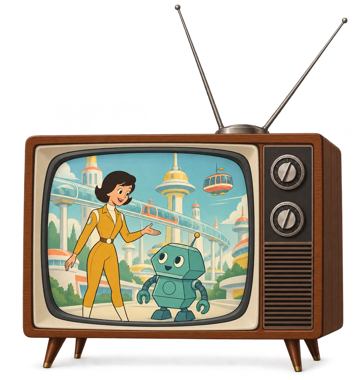 Original illustration of a television with rabbit-ear antennas and manual knobs, showing a retro-futuristic cartoon of a woman and a teal robot