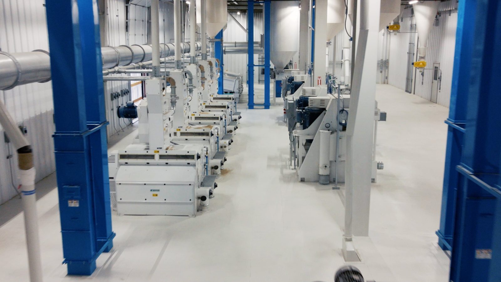 Production line inside a Western Foods mill in Arkansas: a row of sifter and grader units along a blue-columned aisle