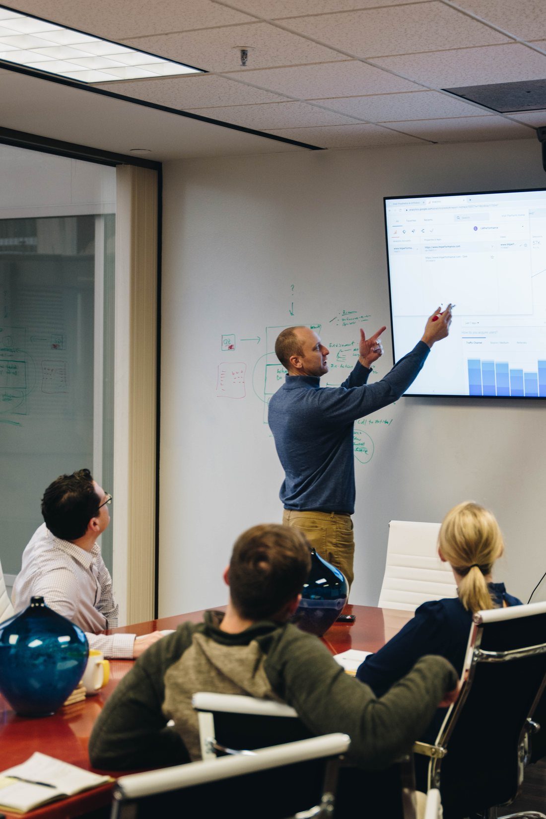 Matmon team in the Little Rock office walking through analytics on screen beside a whiteboard sketch of the plan