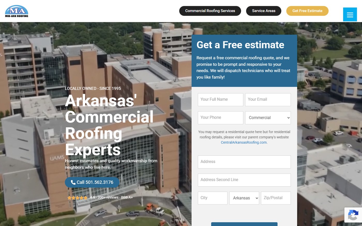 Mid-Ark Roofing website, built by Matmon