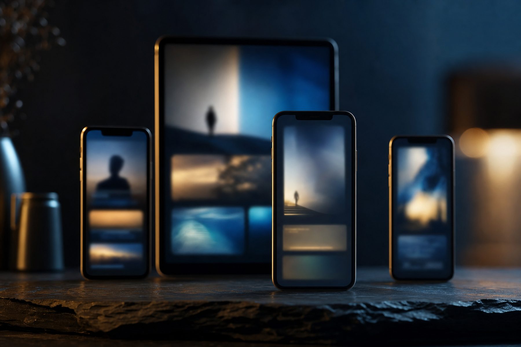 Phones and a tablet on a dark surface, their screens glowing with out of focus campaign layouts