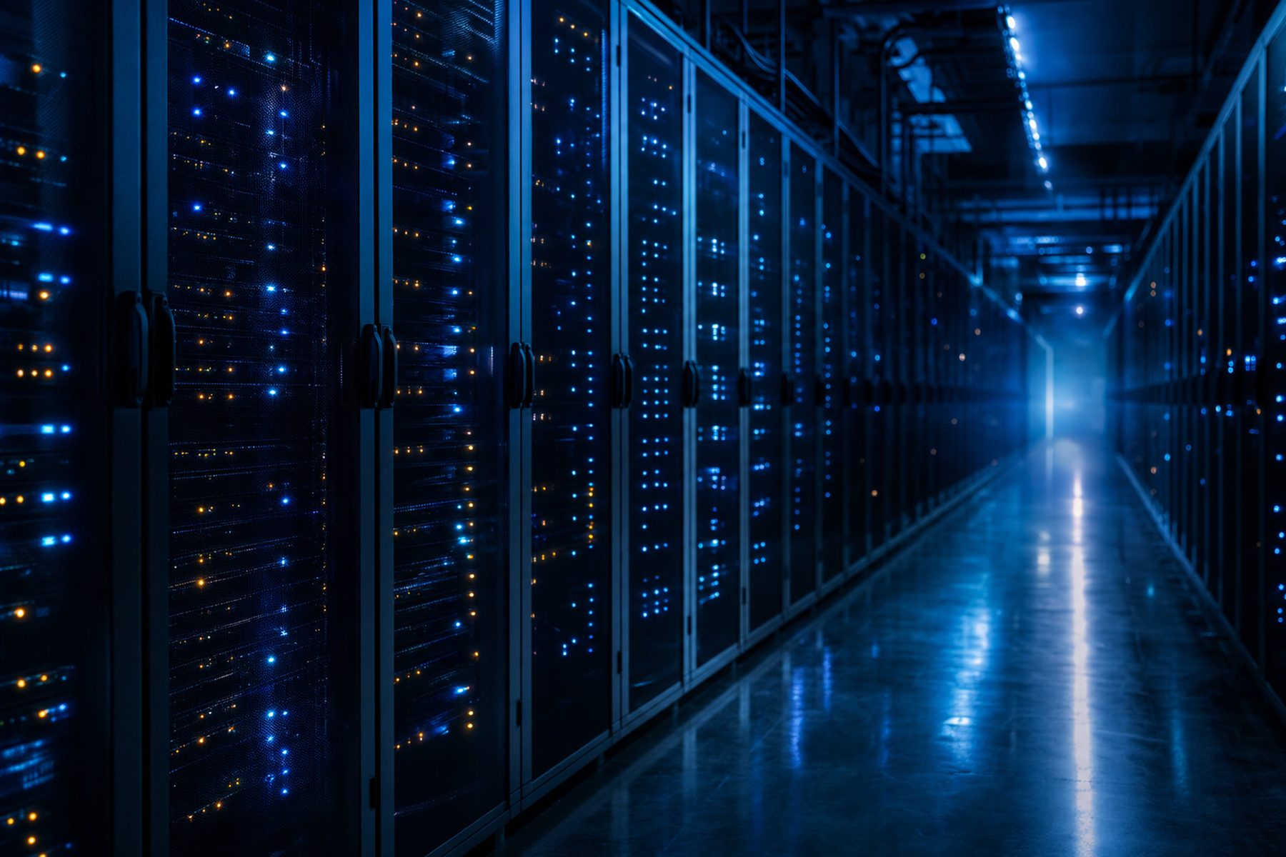 A data center aisle at night, cabinet status lights receding into the distance