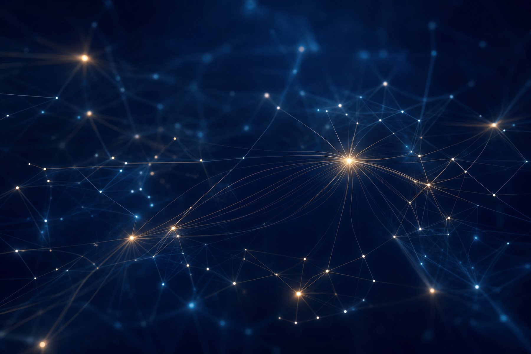 Fine lines connecting points of light across a deep blue field, a few of them brighter in gold