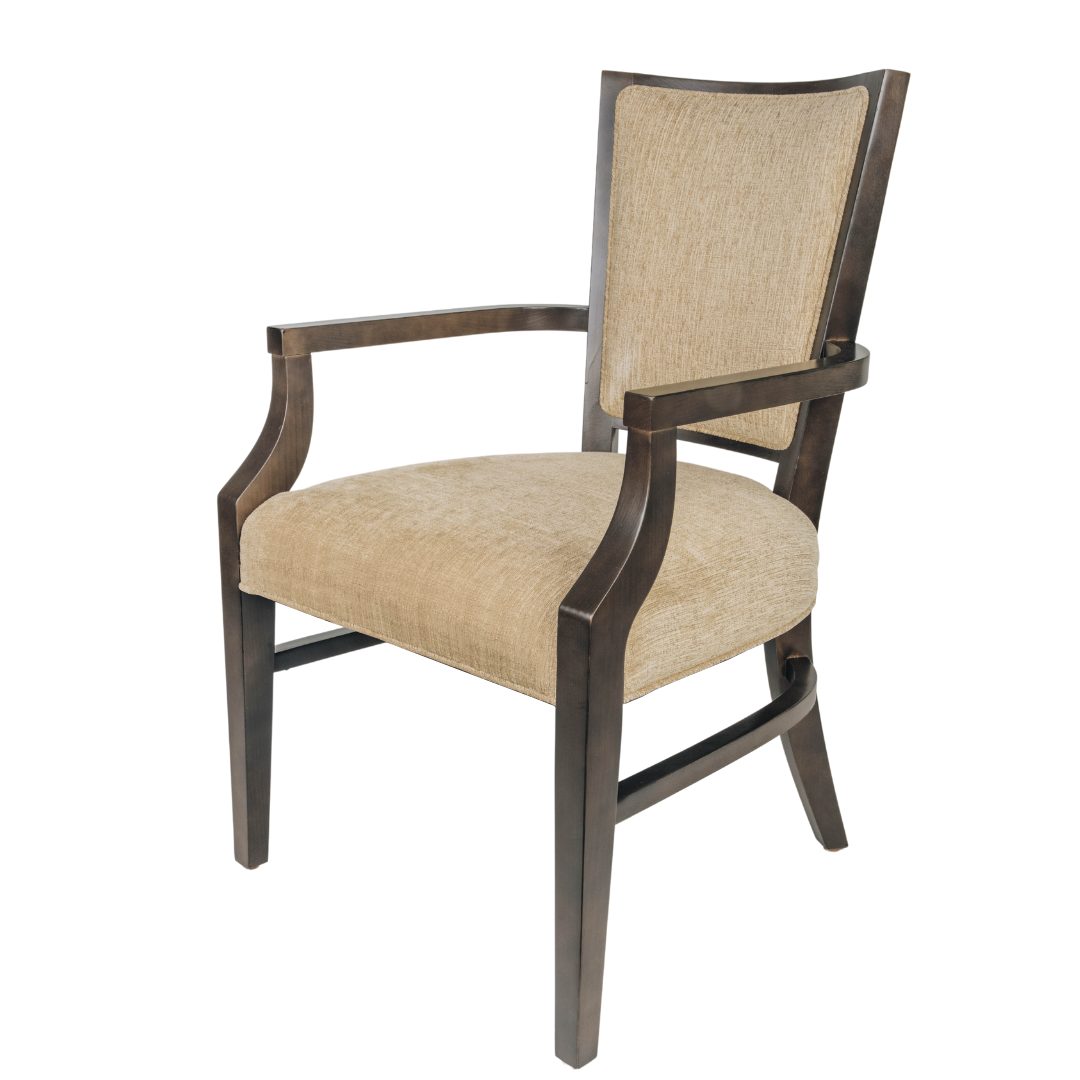 Akin model 8134-916 arm chair — dark-stained exposed frame, upholstered inset back.