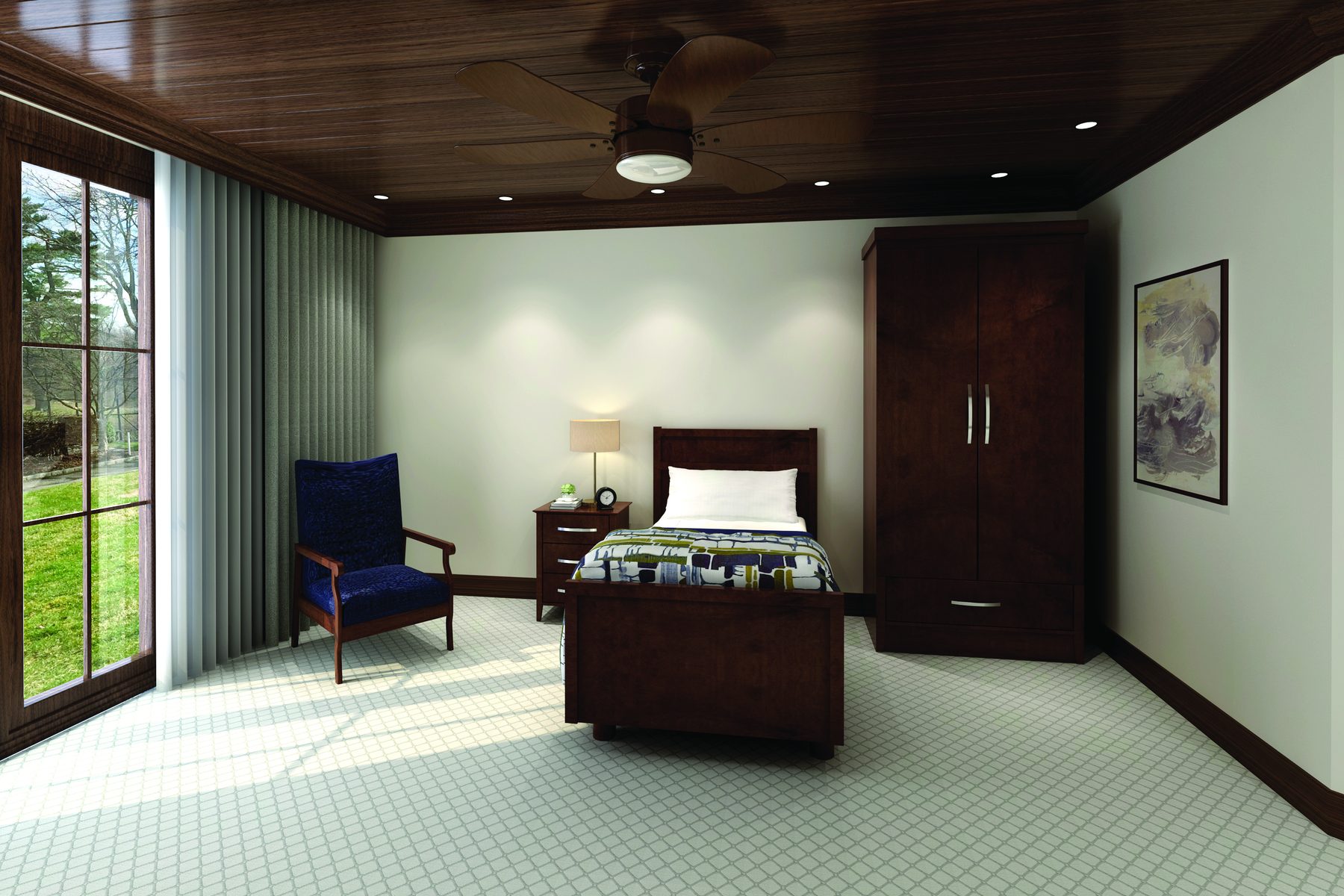 Senior-living guest room built from Akin casegoods and seating — a room visualization, not a photograph.