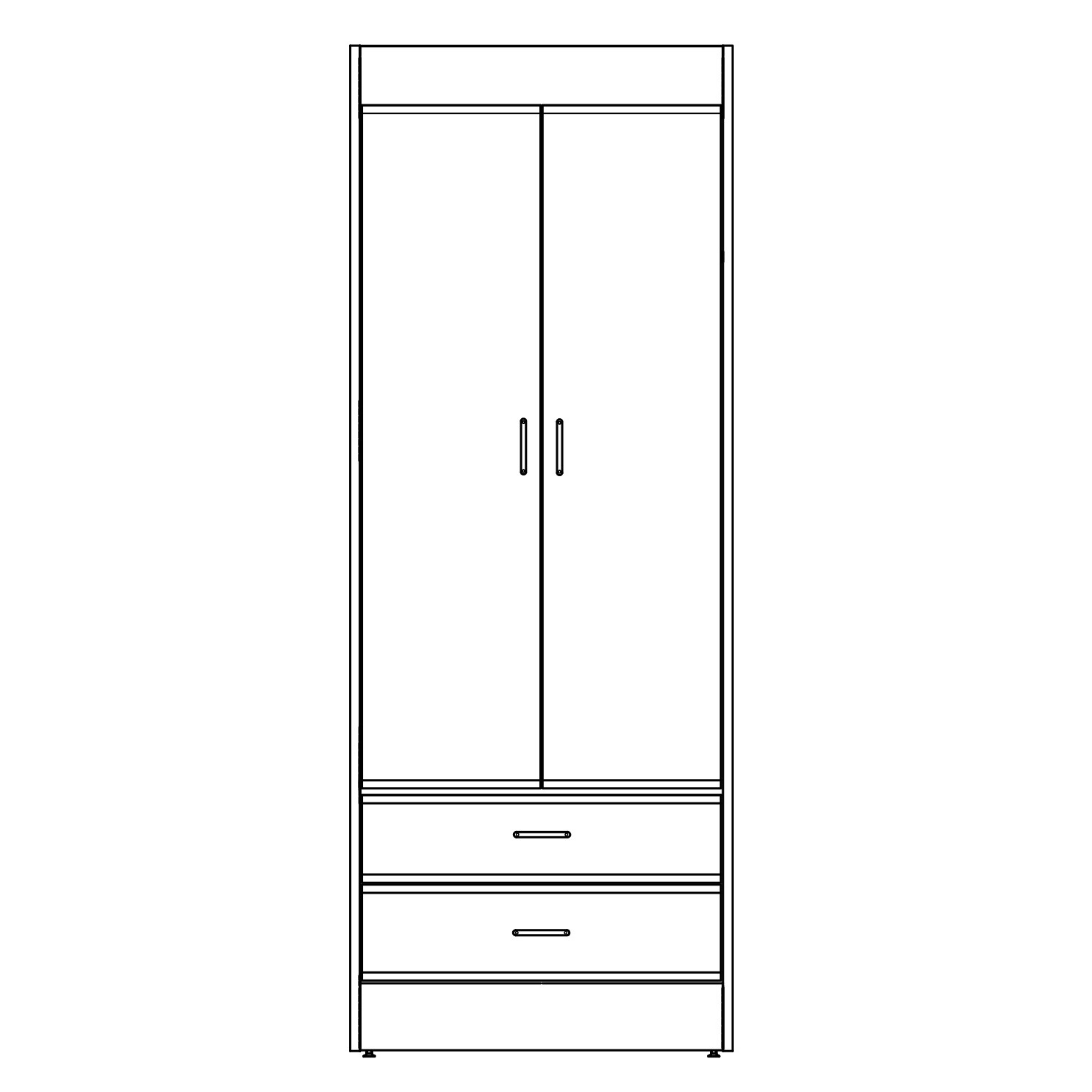 Dimensioned line drawing of an Akin wardrobe with two full-height doors above two drawers