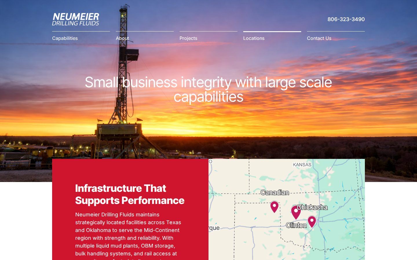 The neufluids.com Locations page, with the headline Small business integrity with large scale capabilities over a rig photo, and a map of facilities in Texas and Oklahoma