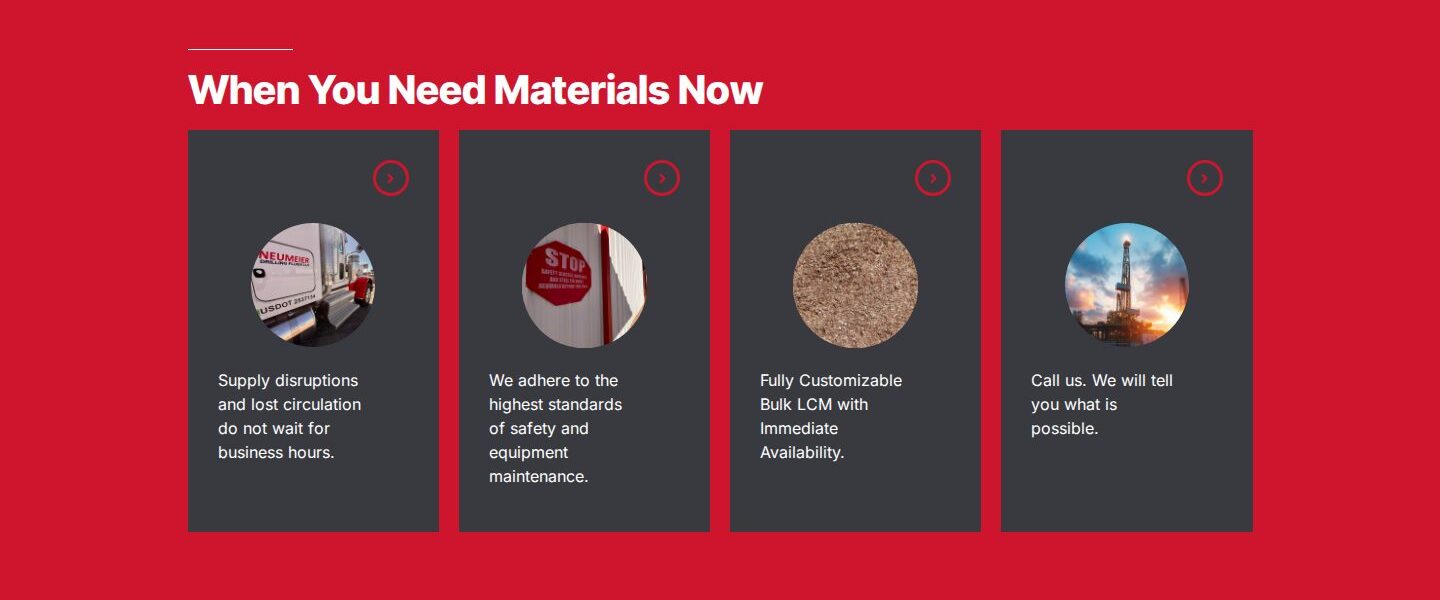 Homepage section titled When You Need Materials Now, with four cards on a red band covering supply, safety, bulk LCM, and a call to action