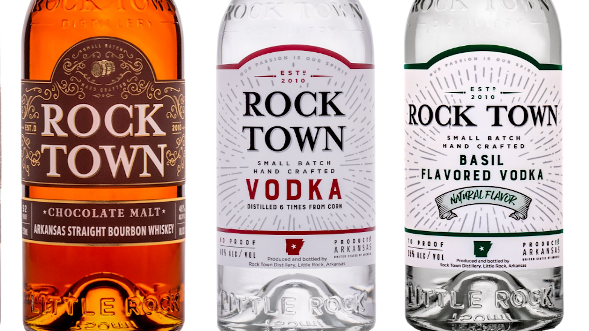 Rock Town bourbon and vodka bottles shown in the distillery’s website imagery