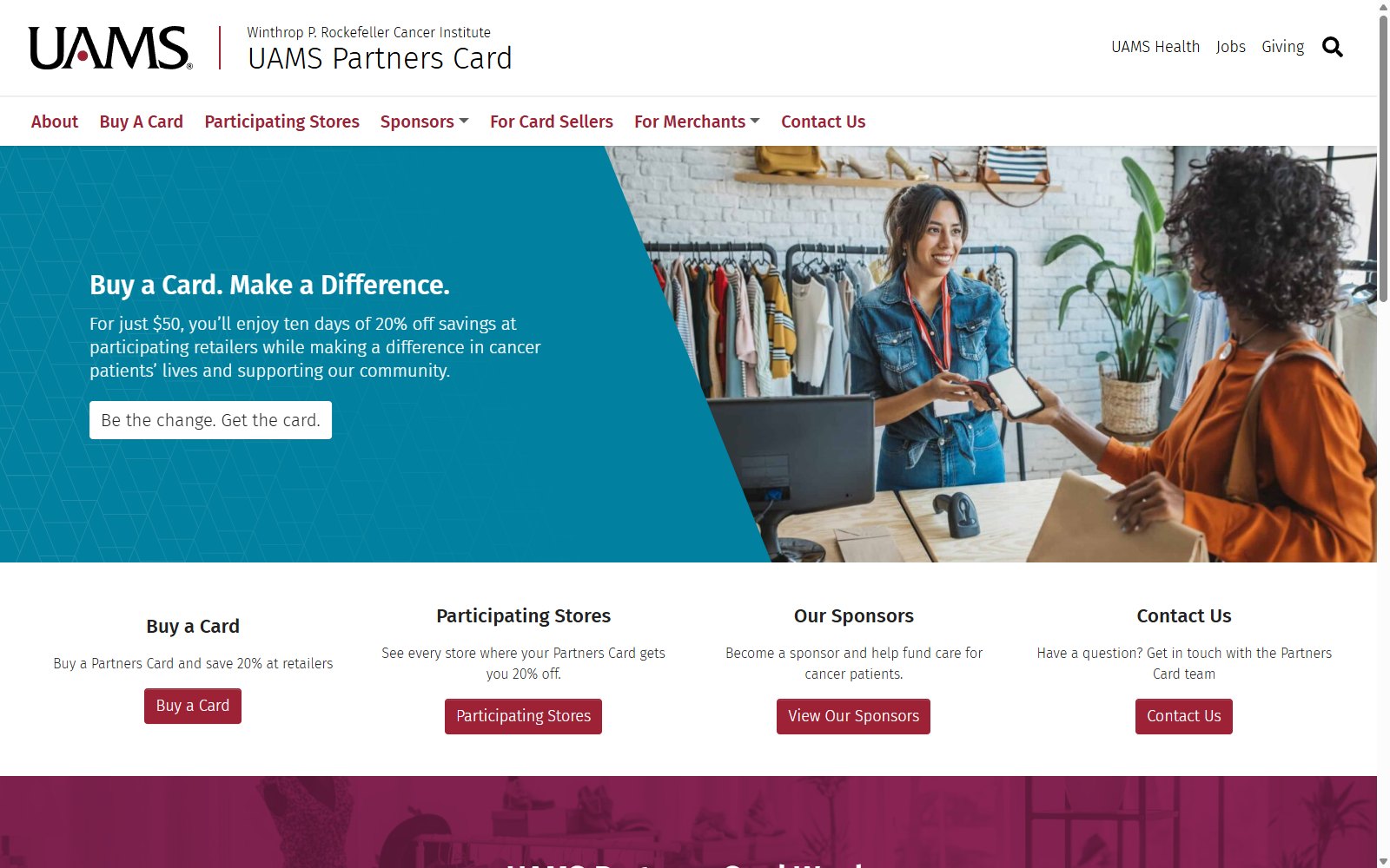 UAMS Partners Card website, with paths to buy a card, find stores, and reach merchants